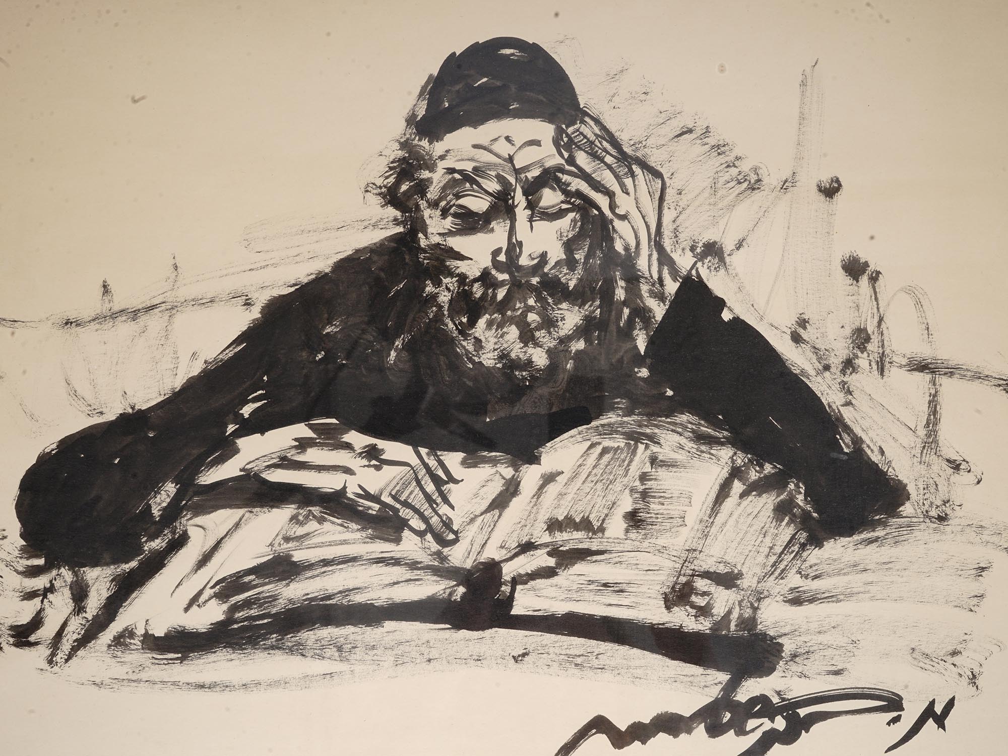 JUDAICA INK PAINTING RABBI BY MOSHE BERNSTEIN PIC-1